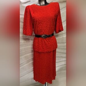 VTG Riccardo Crinkle Textured Two Piece Red Size 14.5 Large Dress Made in USA